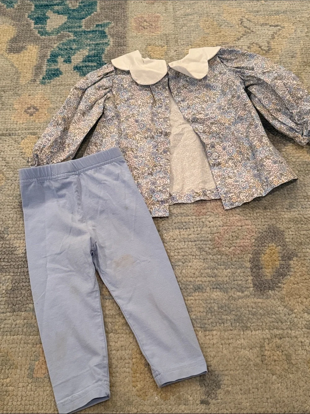 Girls' Light Blue Floral Pajama Set with White Scalloped Collar